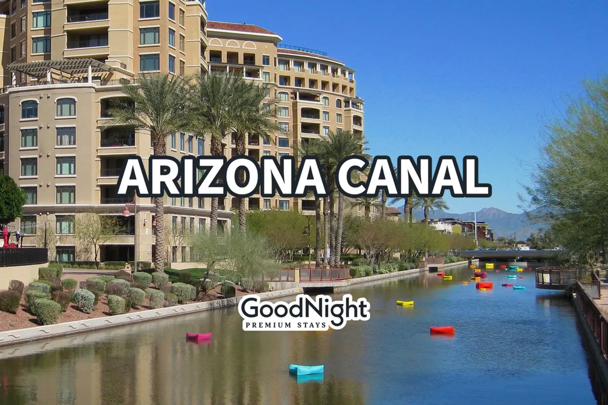 A vibrant exterior shot of the Arizona Canal lined with palm trees, colorful boats moored along the water, and luxurious buildings in the background. The scene is lively yet relaxed, suggesting a setting perfect for a romantic stroll or dinner in the nearby upscale restaurants.